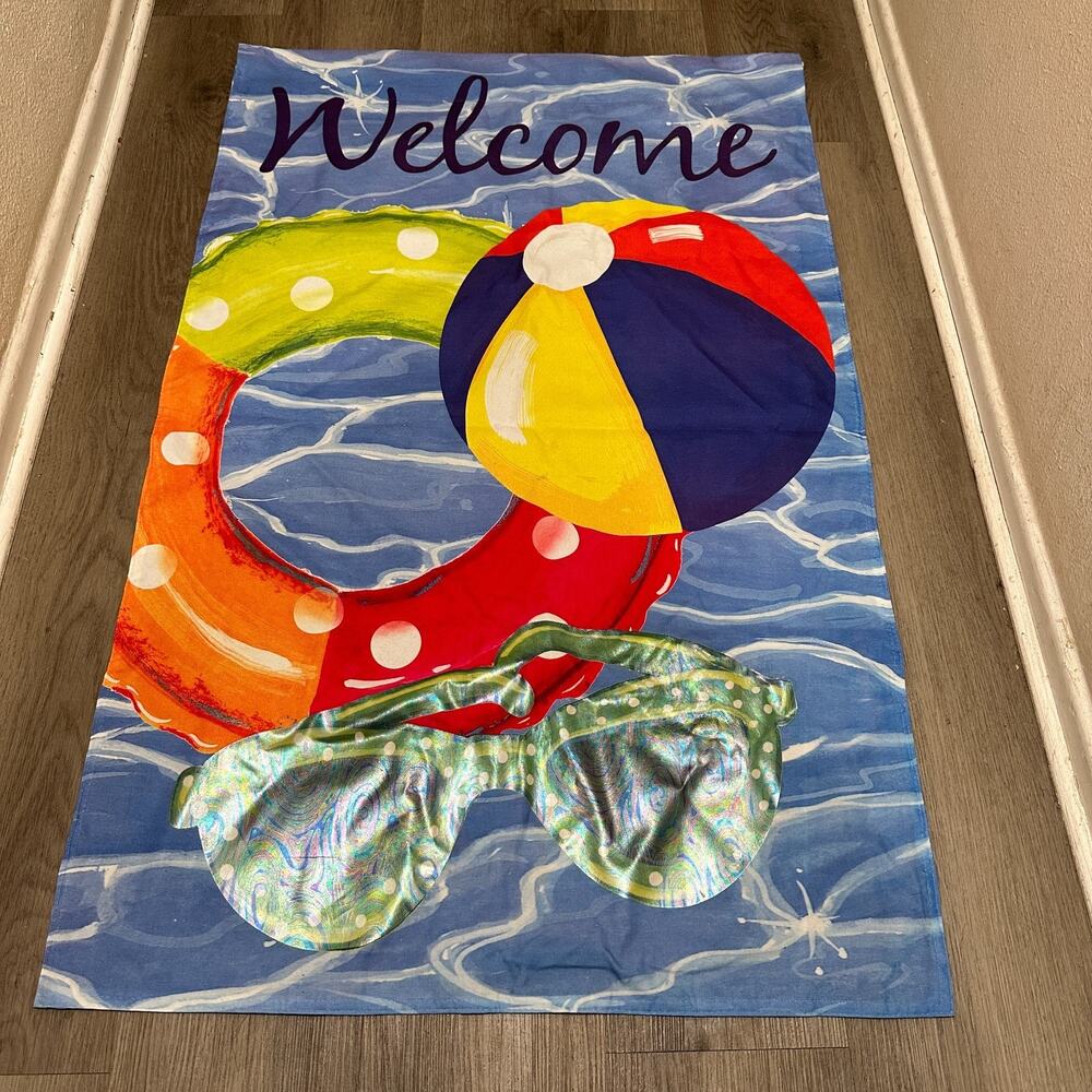 Evergreen Garden House Decorative Flag‎ Beach Ball WELCOME Summer 28 x 44”